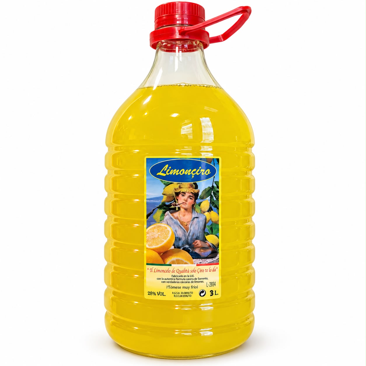 Garrafa de Limonciro de 3 litros, con su etiqueta y tapón rojo